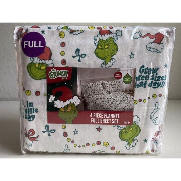 3 Pc Dr. Seuss The Grinch FULL Size Cotton Flannel Sheet Set Christmas Soft NEW - Picture 1 of 14